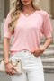 Apricot Pink Solid Color Knit Contrast Hollowed Short Sleeve V Neck Sweater