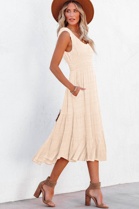 Apricot Shirred Pleated Square Neck Sleeveless Midi Dress