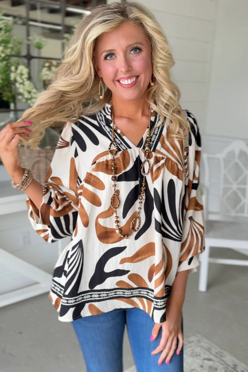 Brown Abstract Print Puff Sleeve Loose Blouse