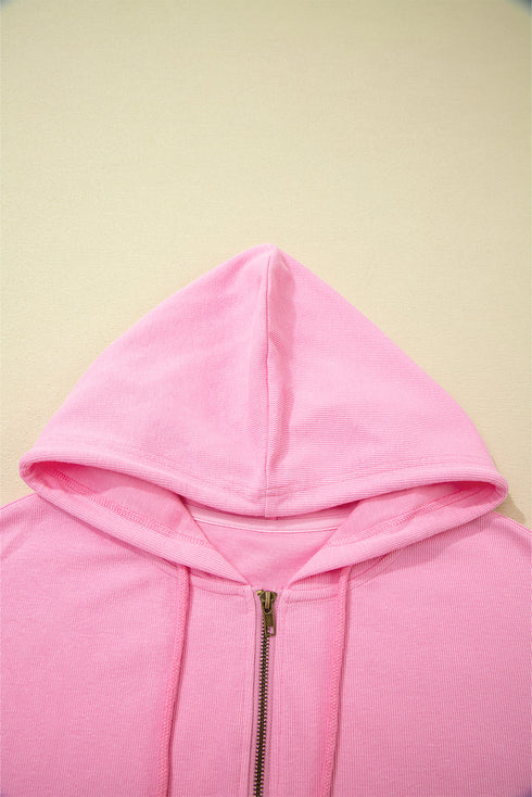Sachet Pink Solid Color Ribbed Zip Up Drawstring Hooded Jacket