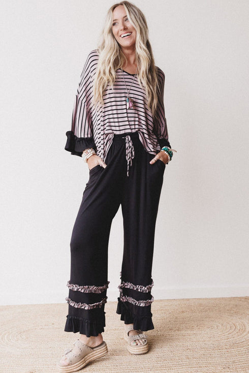 Black Striped Drop Shoulder 3/4 Ruffled Sleeve Loose Top and Ruffled Drawstring Pants 2pcs Outfit
