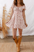 Pink Front Tie Shirred Waist Short Sleeve Ruffled Floral Mini Dress