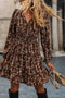 Brown Ditsy Floral Print Split Neck Long Sleeve Shirred Waist Flared Mini Dress