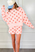 Pink Polka Dot Print Drop Shoulder Pullover Drawstring Shorts Set