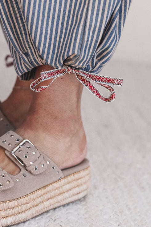 Blue Stripe Button Patch Pocket Drawstring Elastic Waist Loose Pants