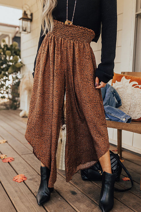 Brown Leopard High Rise Smocked Waistband Curved Hem Wide Leg Pants