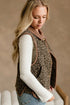 Khaki Stitched Leopard Print Corduroy Trim Contrast Collar Patchwork Vest