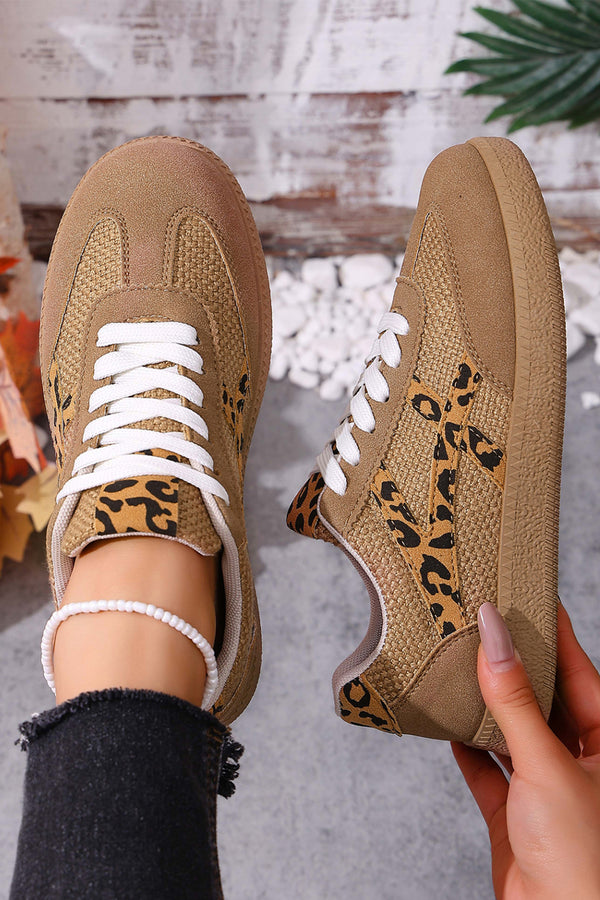 Coffee Faux Suede Contrast Patchwork Detail Lace Up Flat Sneakers