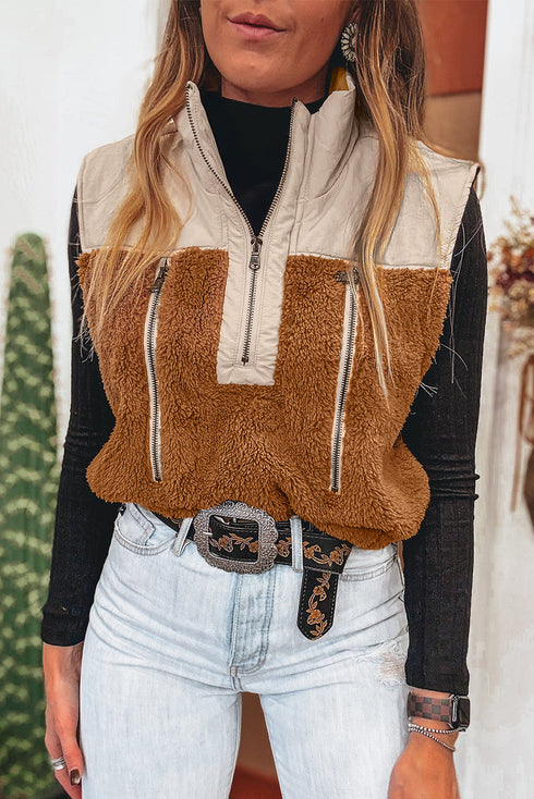 Chestnut Color Block Plush Patchwork Zipper Stand Neck Vest