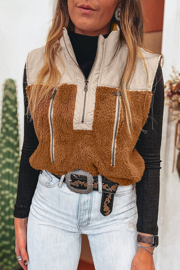 Chestnut Color Block Plush Patchwork Zipper Stand Neck Vest