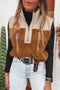 Chestnut Color Block Plush Patchwork Zipper Stand Neck Vest