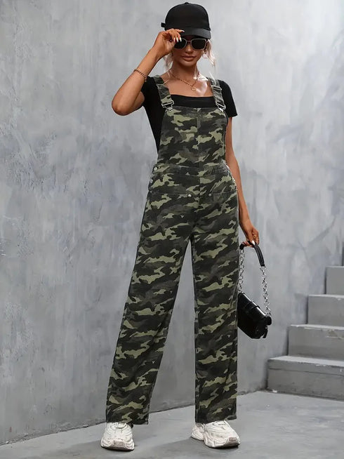 Camo Denim Jumpsuit with Patch Pockets, Traditional Fit Overalls with Straight Legs, Women's Denim Clothing