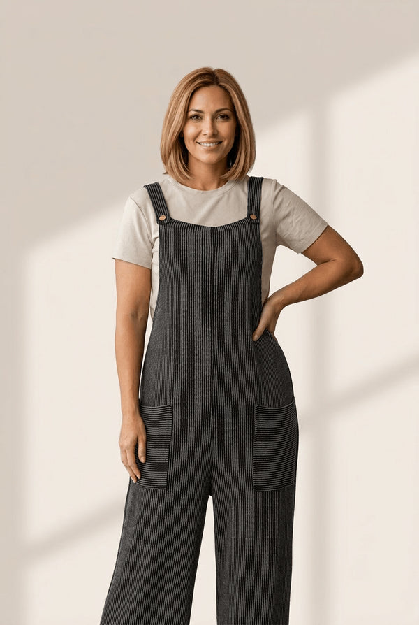 Women's Carbon Grey Ribbed Knit Wide Leg Overalls with Patch Pockets