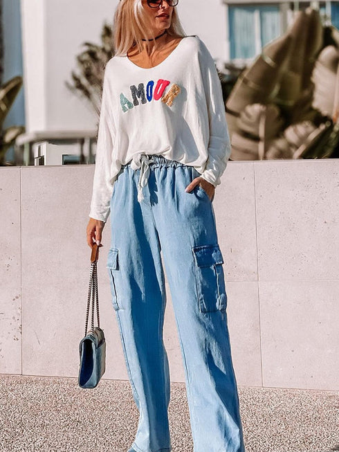 Cargo Blue Wide Leg Drawstring Jeans with High Waist