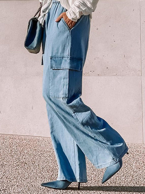 Cargo Blue Wide Leg Drawstring Jeans with High Waist