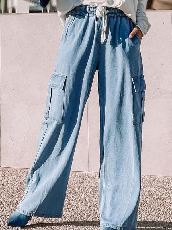 Cargo Blue Wide Leg Drawstring Jeans with High Waist