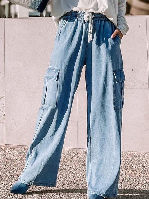 Cargo Blue Wide Leg Drawstring Jeans with High Waist