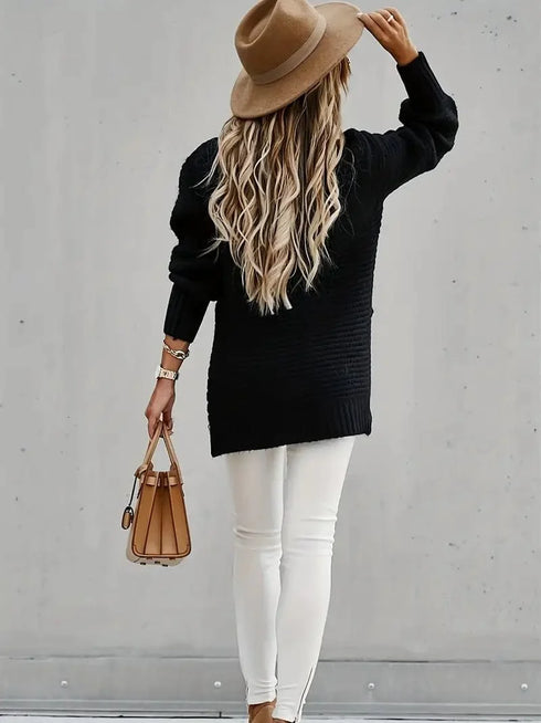 Casual Chunky Knit Mock Neck Long Sleeve Split Pullover Sweater