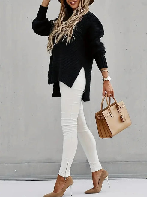 Casual Chunky Knit Mock Neck Long Sleeve Split Pullover Sweater