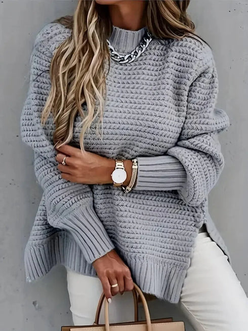 Casual Chunky Knit Mock Neck Long Sleeve Split Pullover Sweater