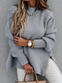 Casual Chunky Knit Mock Neck Long Sleeve Split Pullover Sweater