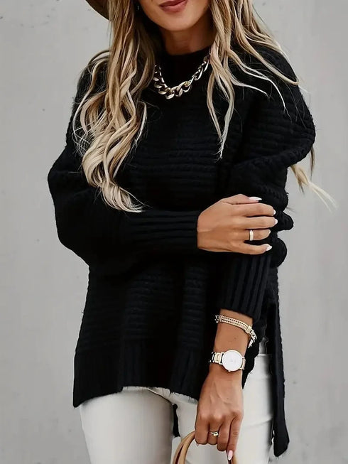 Casual Chunky Knit Mock Neck Long Sleeve Split Pullover Sweater