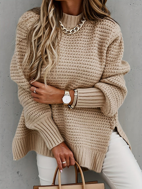Casual Chunky Knit Mock Neck Long Sleeve Split Pullover Sweater