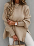 Casual Chunky Knit Mock Neck Long Sleeve Split Pullover Sweater
