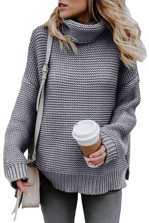 Casual Chunky Knit Mock Neck Long Sleeve Split Pullover Sweater