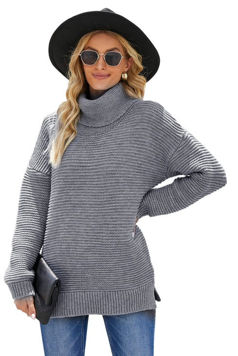 Casual Chunky Knit Mock Neck Long Sleeve Split Pullover Sweater