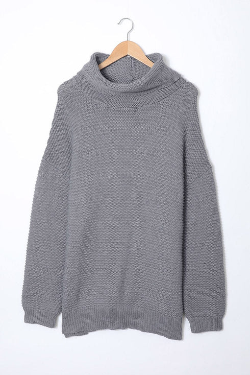 Casual Chunky Knit Mock Neck Long Sleeve Split Pullover Sweater