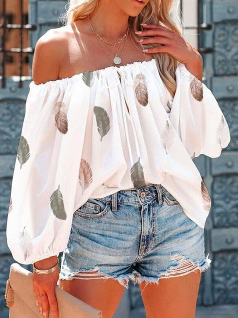 Casual Feather Print Off Shoulder Strap Blouse