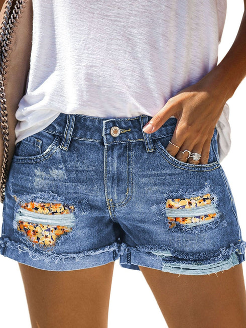 Casual Floral Patchwork Rolled Hem Denim Shorts