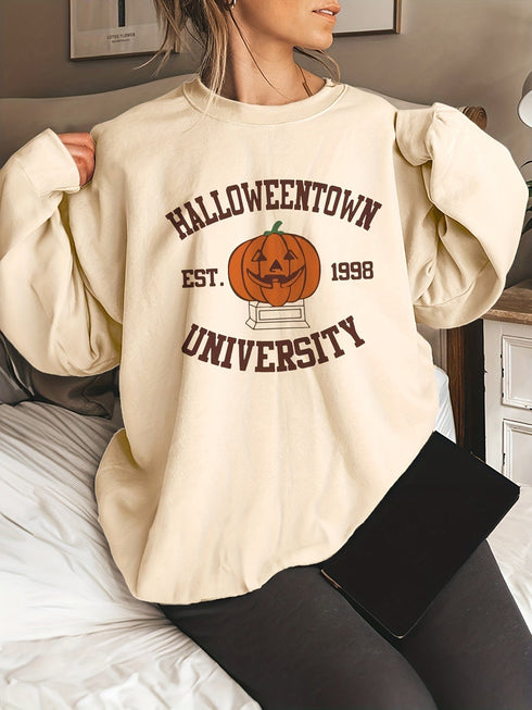 Casual Halloween Pumpkin Print Long Sleeve Crew Neck Hoodie