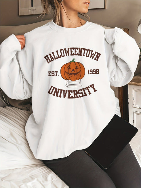 Casual Halloween Pumpkin Print Long Sleeve Crew Neck Hoodie