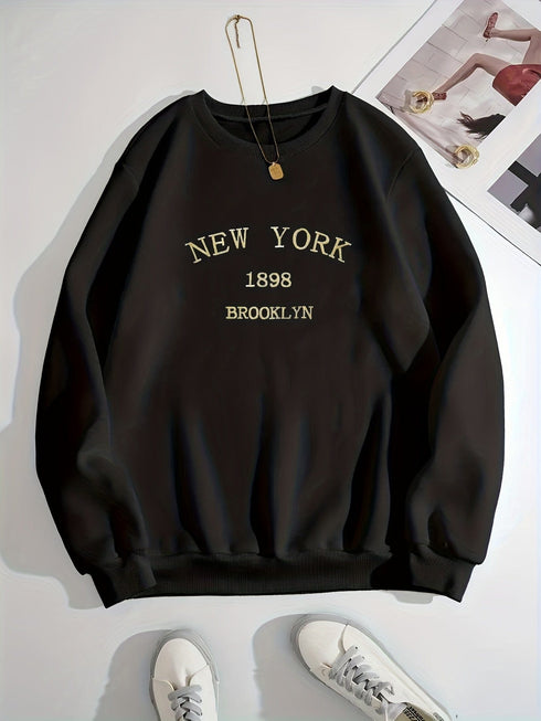 Casual New York Print Long Sleeve Crew Neck Loose Hoodie