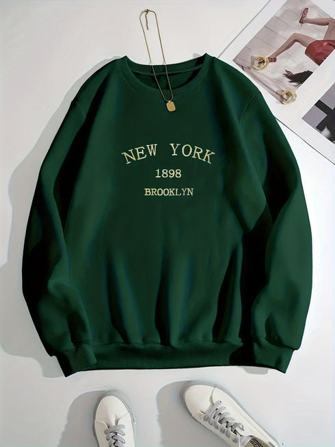 Casual New York Print Long Sleeve Crew Neck Loose Hoodie