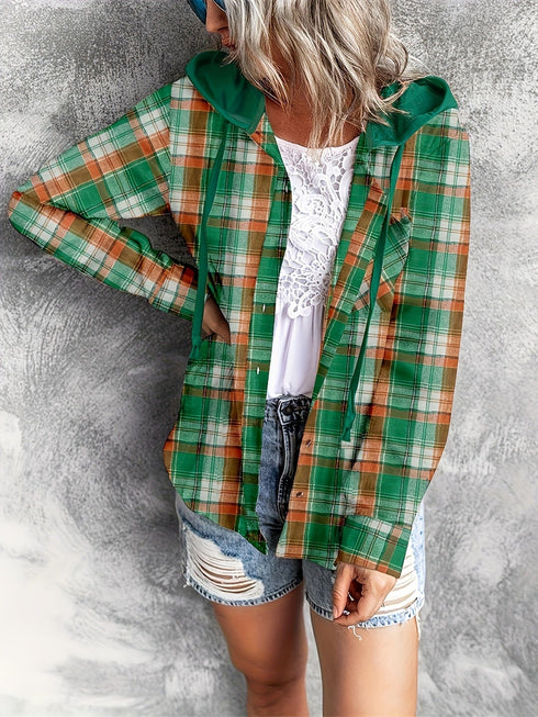 Casual Plaid Print Long Sleeve Drawstring Hooded Blouse
