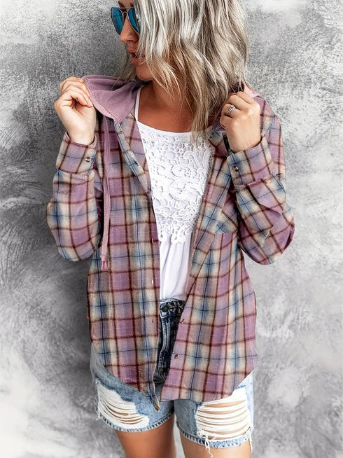 Casual Plaid Print Long Sleeve Drawstring Hooded Blouse