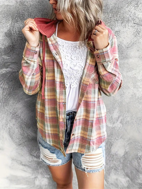 Casual Plaid Print Long Sleeve Drawstring Hooded Blouse