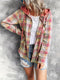 Casual Plaid Print Long Sleeve Drawstring Hooded Blouse