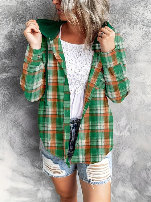 Casual Plaid Print Long Sleeve Drawstring Hooded Blouse