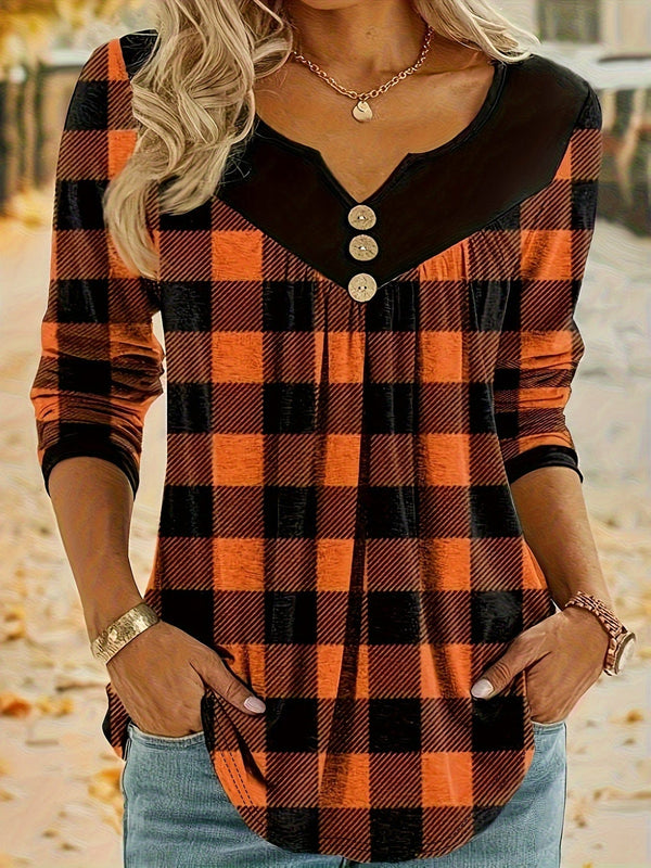 Casual Plaid Print Notch Neck Long Sleeve Button T-Shirt