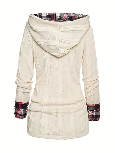 Casual Plaid Splicing Button Decor Long Sleeve Knit Hoodie