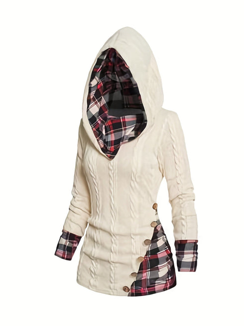 Casual Plaid Splicing Button Decor Long Sleeve Knit Hoodie