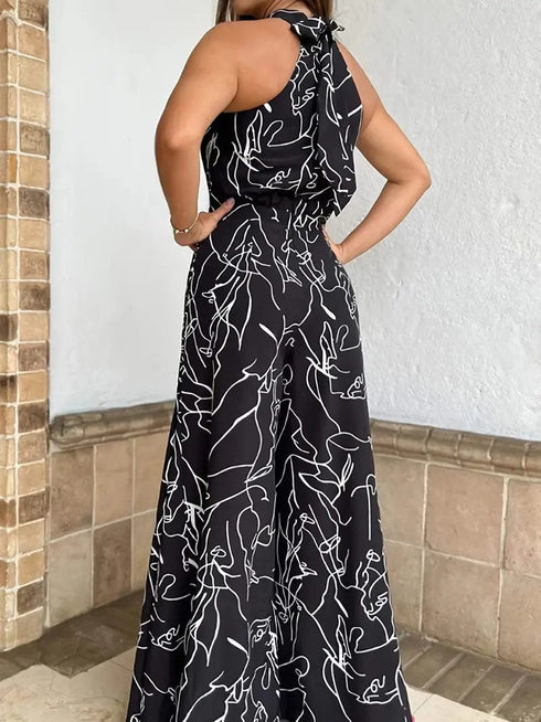 Casual Printed Halter Sleeveless High Waist Wide Leg Jumpsuit
