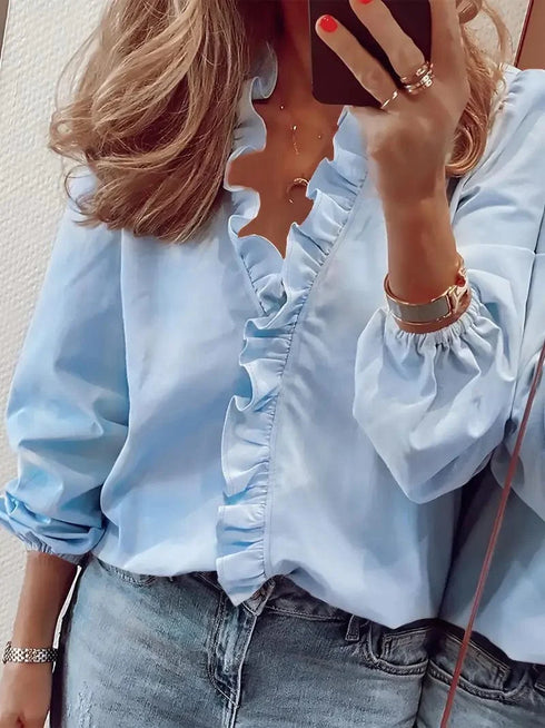Casual Ruffled Trim V Neck Long Sleeve Loose Blouse