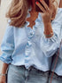 Casual Ruffled Trim V Neck Long Sleeve Loose Blouse