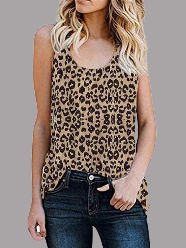 Casual Sleeveless Round Neck Leopard Vest