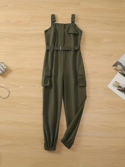 Casual Solid Color Belted Flap Pockets Jumpsuit